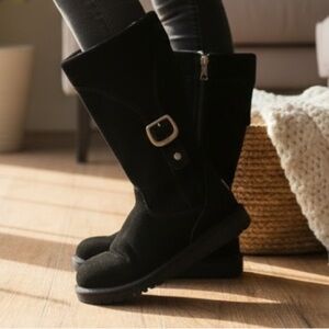 UGG black boots, size 7, lamb skin lined, inner zippers, and buckle on o…